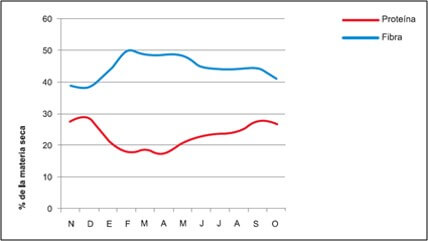 Cambios en los contenidos de fibra y proteína de la pradera durante el año.